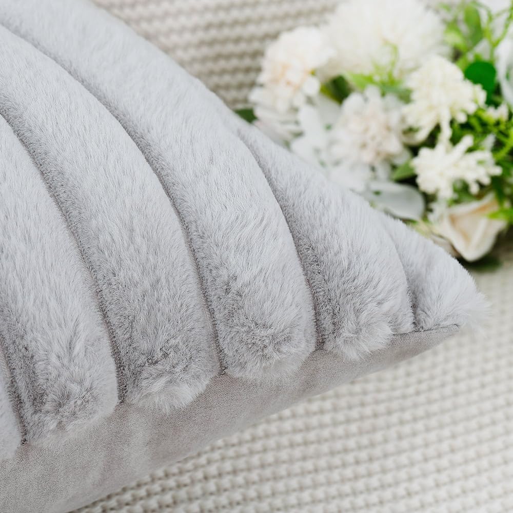 MADIZZ Set of 2 Faux Wool Plush Decorative Throw Pillow Covers 16x16 Inch Light Grey Fluffy Striped Soft Decorative Cushion Cover for Sofa Bedroom Pillow Shell