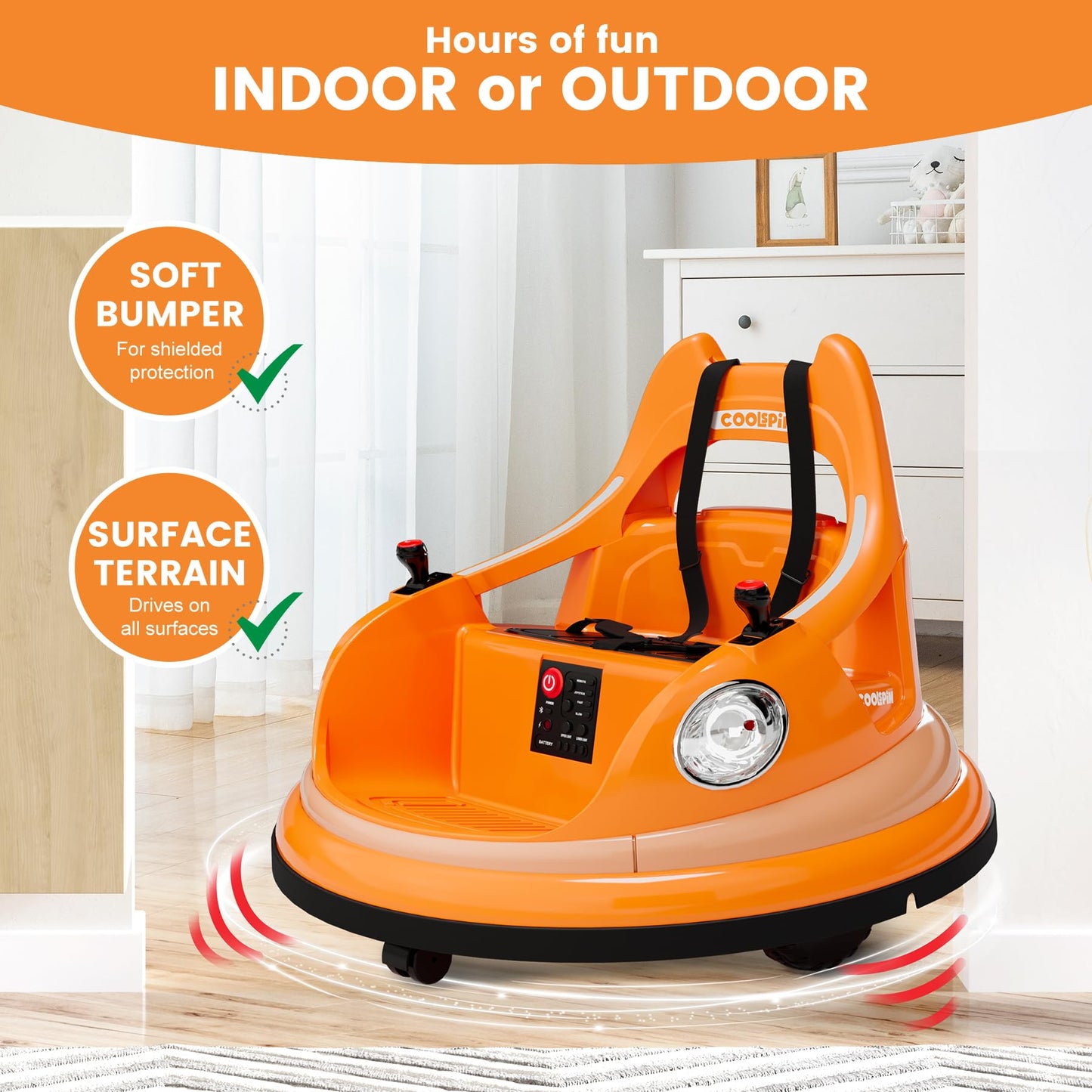 Hetoy Ride on Bumper Car for Toddlers, 12V Battery Cars for Kids W/Parent Remote, 2-Speed, 2 Driving Mode, 360°Spin, Electric Bumping Car with Music & Lights (Orange)