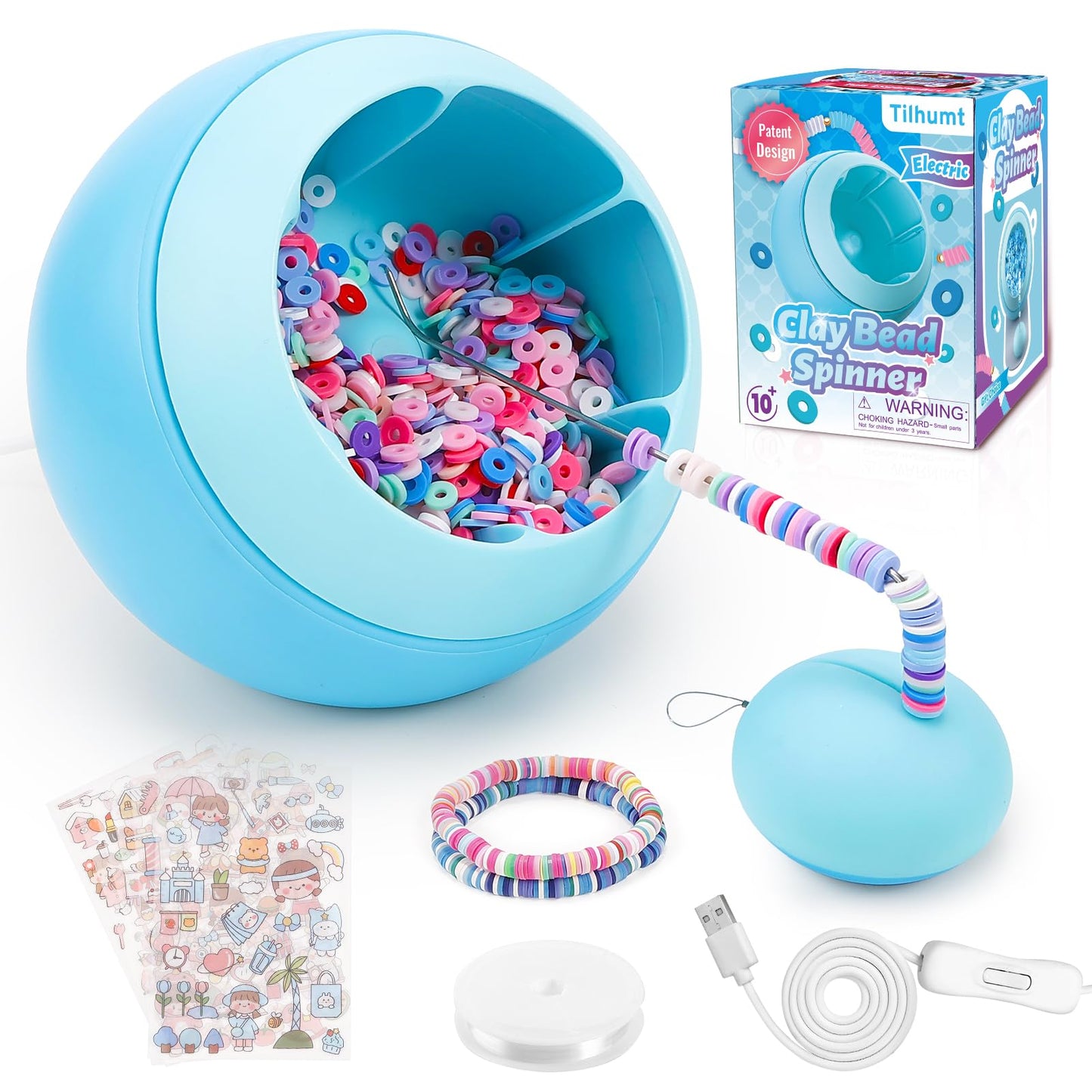 Tilhumt Bead Spinner for Jewelry Making, Clay Beads Spinner for Necklaces Maker, Electric Bead Spinners Bracelet Maker Machine with Beginner Friendly Positioning Mat, Gift for Craft Lovers, Blue