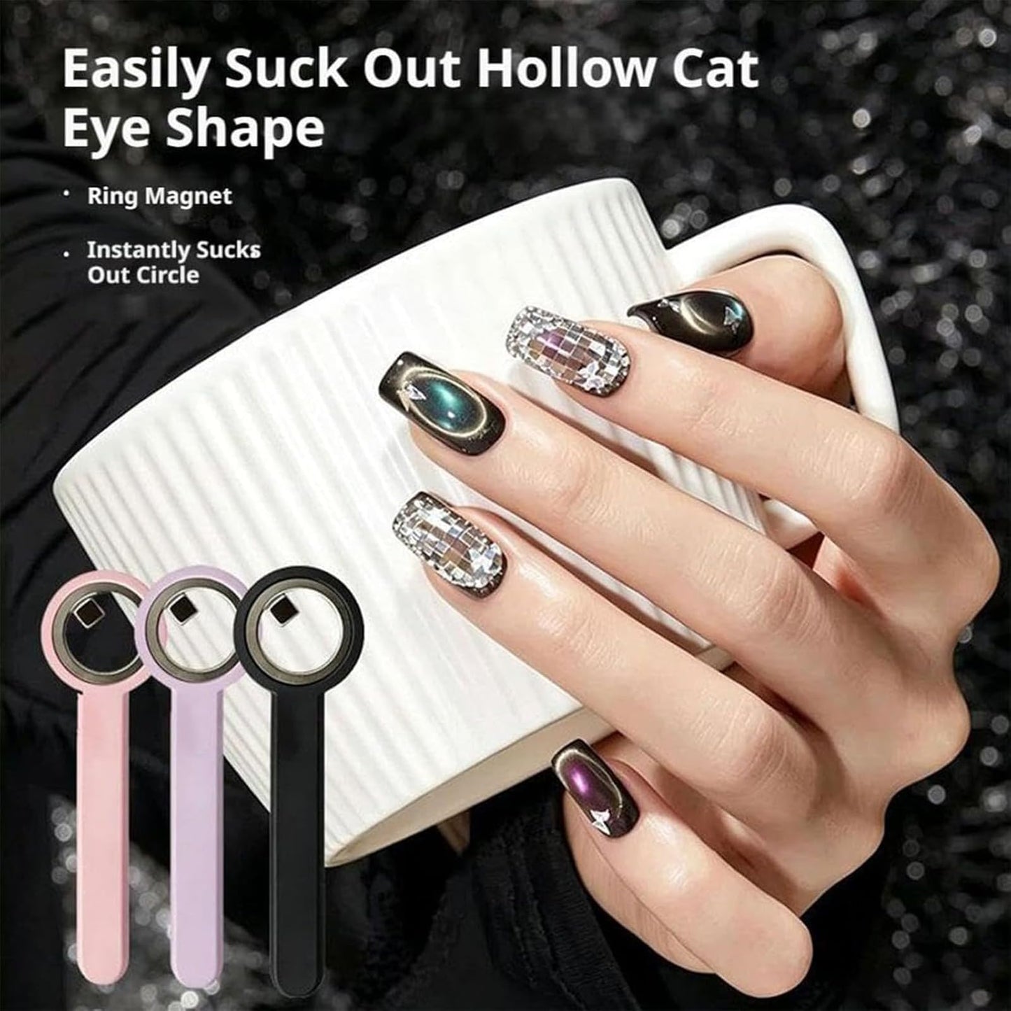 Ring-Shaped Cat Eye Magnet for Nails, Hollow Magnetic Design Circle Cat Eye Magnet for 3D Halo French Tip Nail Art, Home Salon DIY Manicure Tool (2Pcs-Purple+Black)
