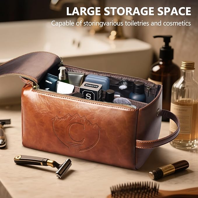 Personalized Toiletry Bag for Men,Initial Mens Toiletry Bags for Traveling,Men Travel Toiletries Bag,PU Leather Shaving Bag for Toiletries Accessories kit,Brown C