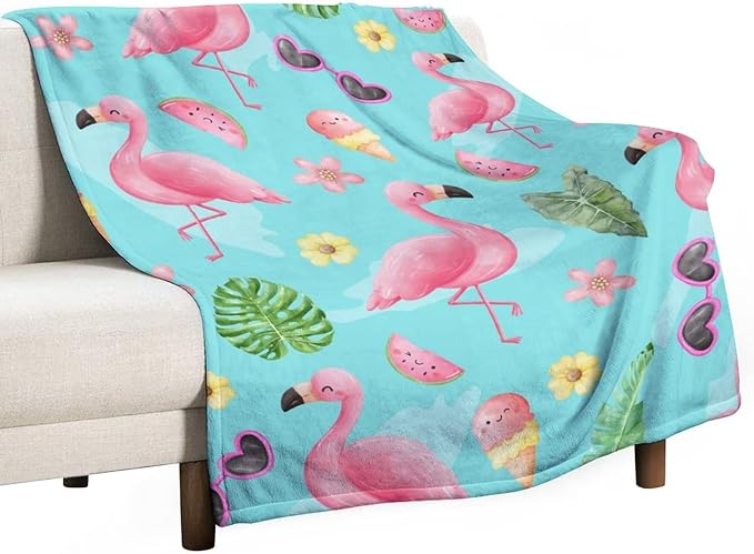 Flamingo Blankets Gifts - 40 x 50 Inches Cute Throw - Green Warm Furry Plush Flamingo Blankets for Couch