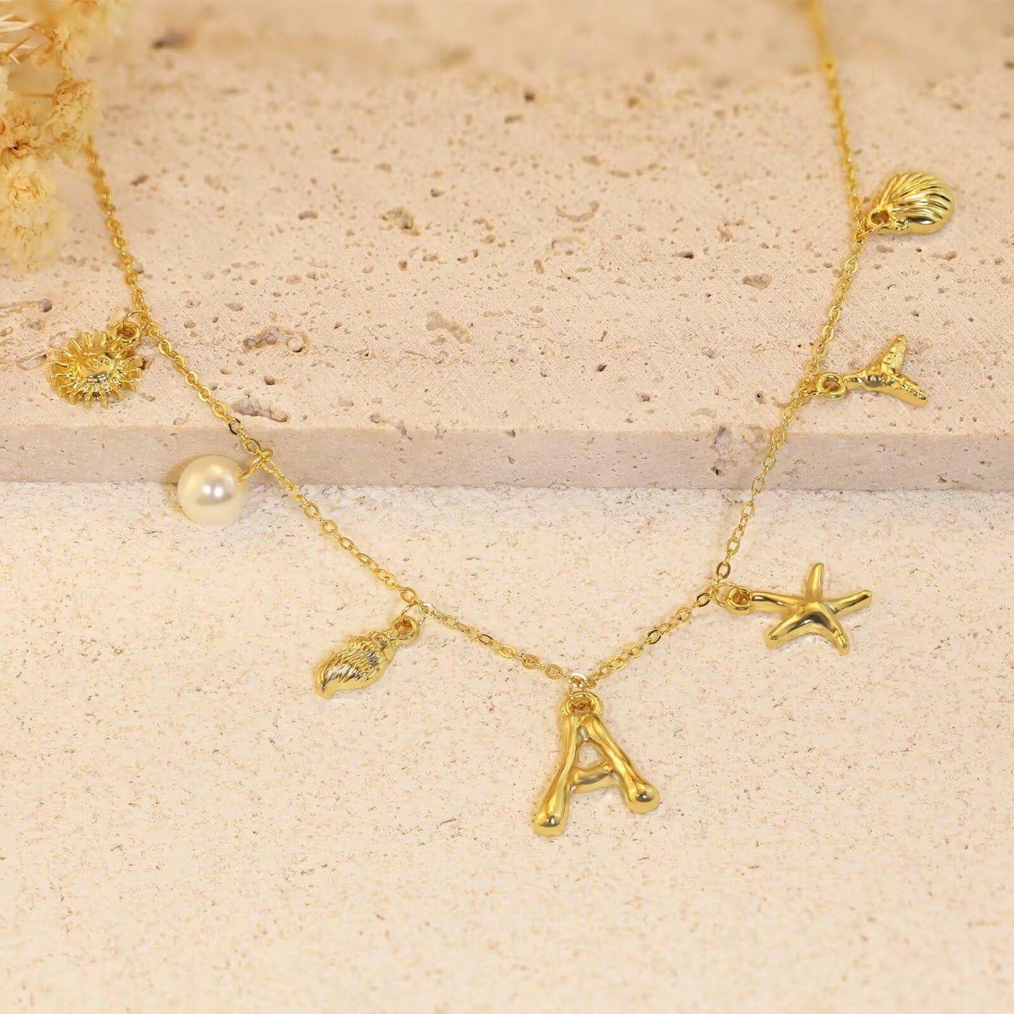 JALZEMPL Initial Charm Necklace For Women Shell Seashell Summer Beach Letter 14K Gold Plated Pendant Starfish Surfer Boho Jewelry Gifts (E)
