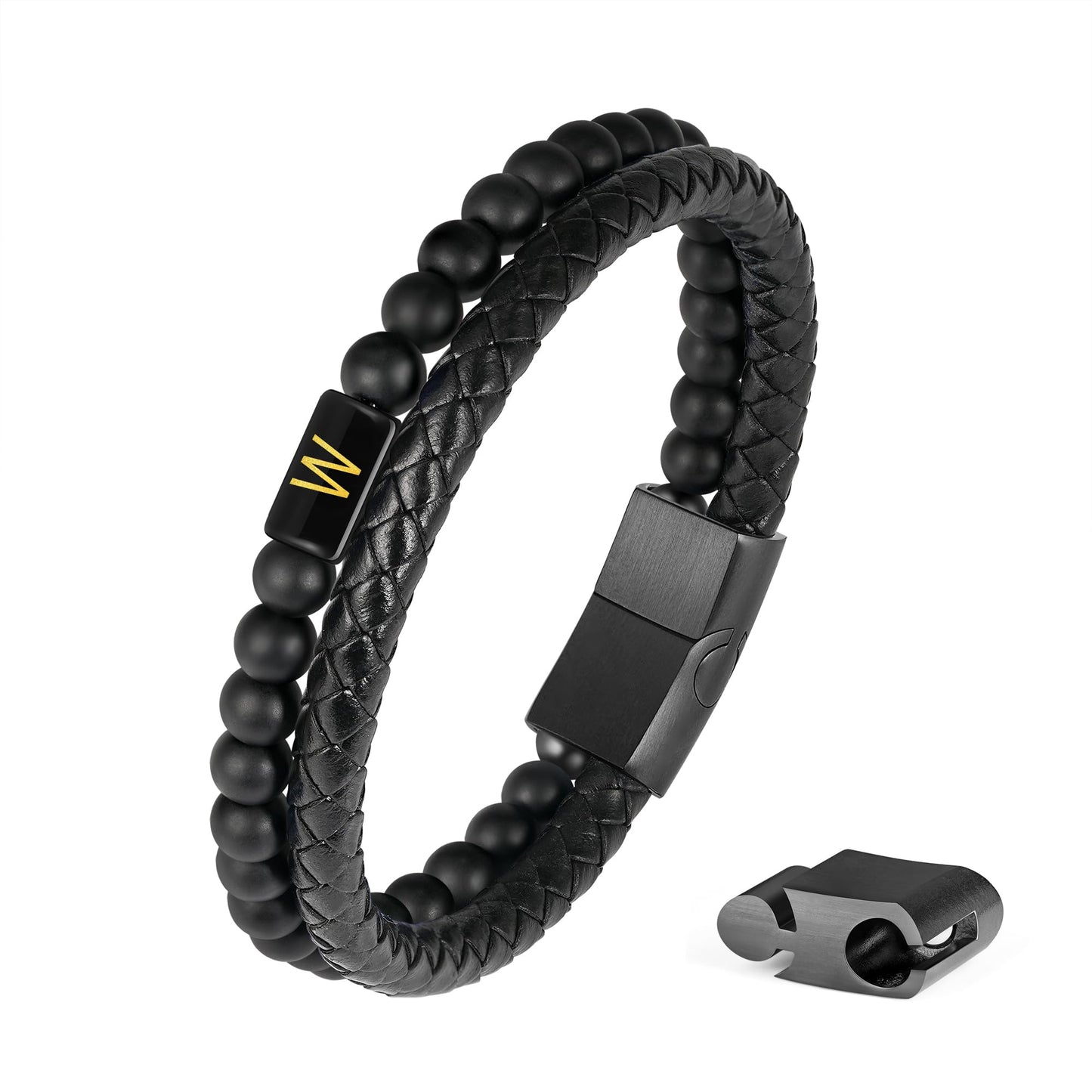 Mens Leather Bracelet with Initial - Men Gift Matte Agate Bead Magnetic Clasp Black Leather Bracelets Mens Gifts Men Bracelets with Initial W Bracelet for Men's Jewelry Men's Gifts for Dad Husband Him