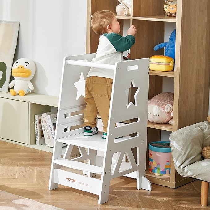 VEVOR Tower Step Stool, 3-Level Height Adjustable Toddler Step Stools for Kids, Bamboo Kitchen Stool, Standing Tower Learning Stool with Safety Rail for Kitchen Counter Bathroom, 350LBS, White
