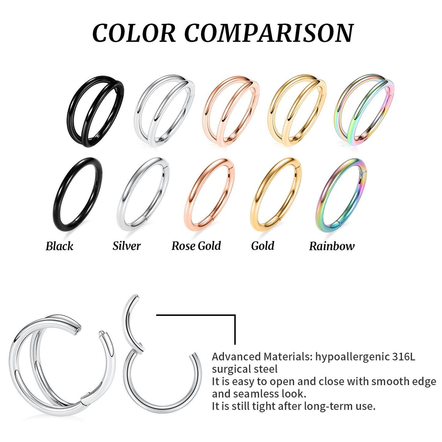 Nose Rings 18 Gauge Nose Ring Hoop Earrings For Women 18g Nose Hoop Black 8mm Septum Jewelry Surgical Steel Septum Ring Septum Clicker Lip Rings Helix Earring Double Hoop Cartilage Earring