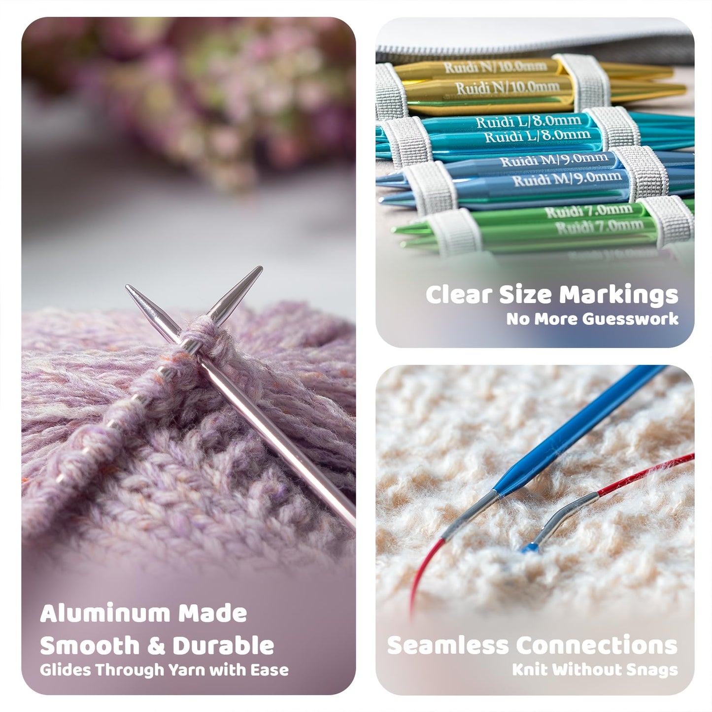 Ruidi Interchangeable Aluminum Circular Knitting Needles Set - 13 Pairs of 4 Inch (10cm) Needles with 4 Cables, Needle Holders & Leather Bag - Perfect for Smooth Knitting & Versatile Projects