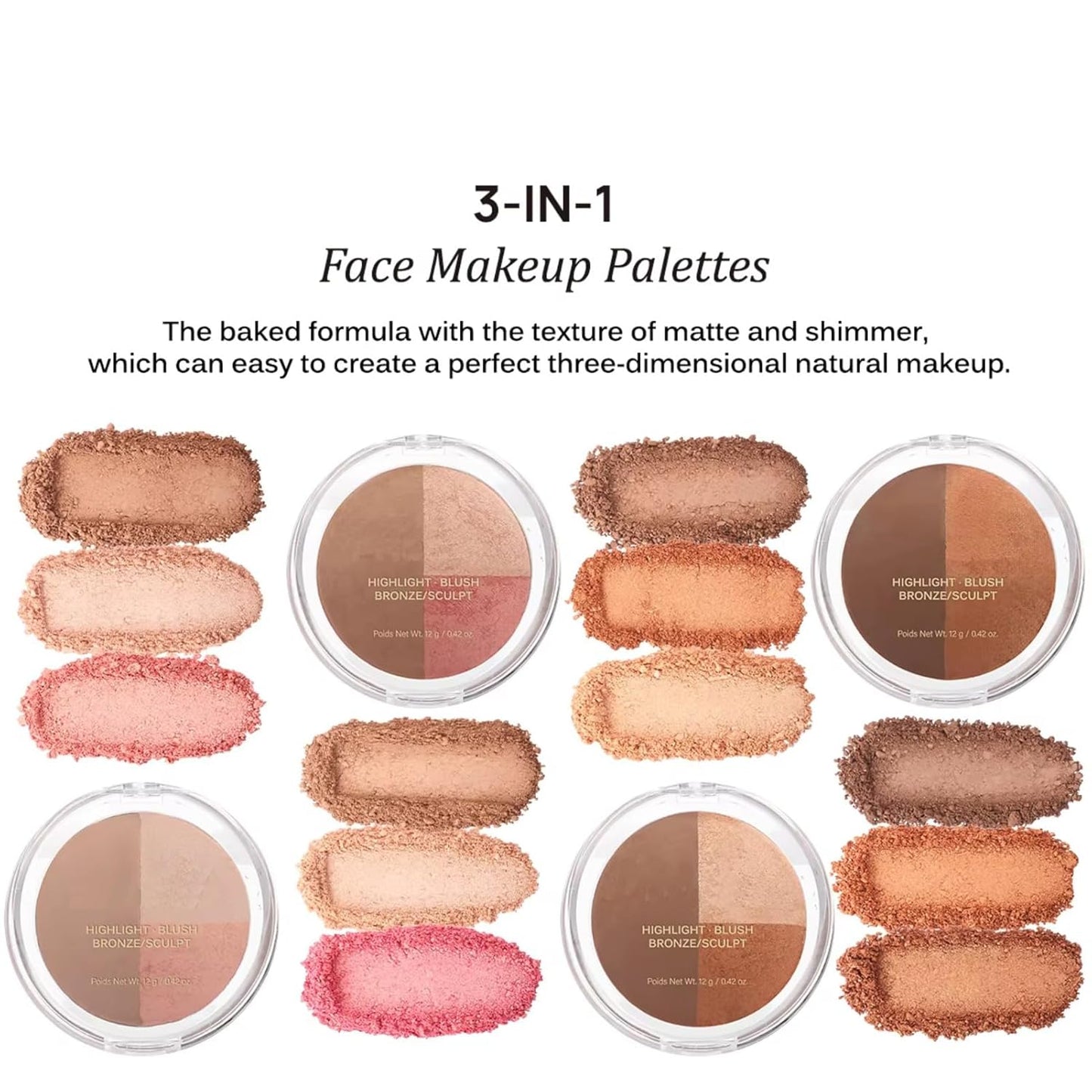 Baked Blush Highlight Bronze Powder 3-in-1 Contour Palette Sculpt Satin Silky Smooth Makeup Palettes Powder (004-Deep)