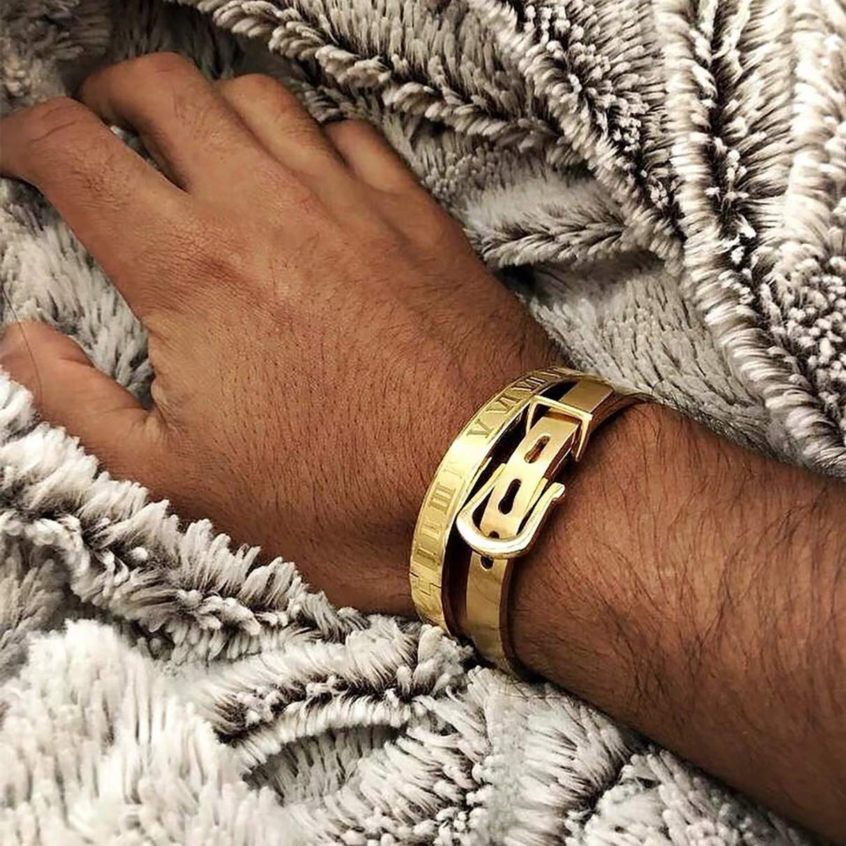 Jarlinwel Gold Silver Plated Bracelets for Men Women Roman Numeral Bangle Bracelet Stainless Steel Personalized Engraved Unisex Gift (2 Pcs Mens Gold Bangle)