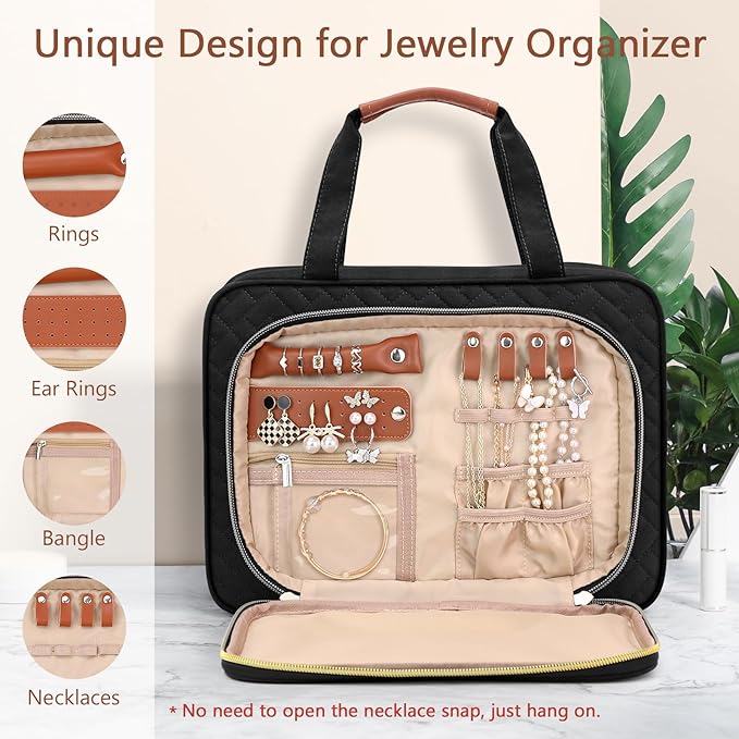 Wedama Toiletry Bag for Women, Hanging Travel Toiletry Bag with Jewelry Organizer Compartment Large Makeup Bag, PVC Waterproof Cosmetic Travel Bag for Travel Business Trips Camping Bathroom, Black