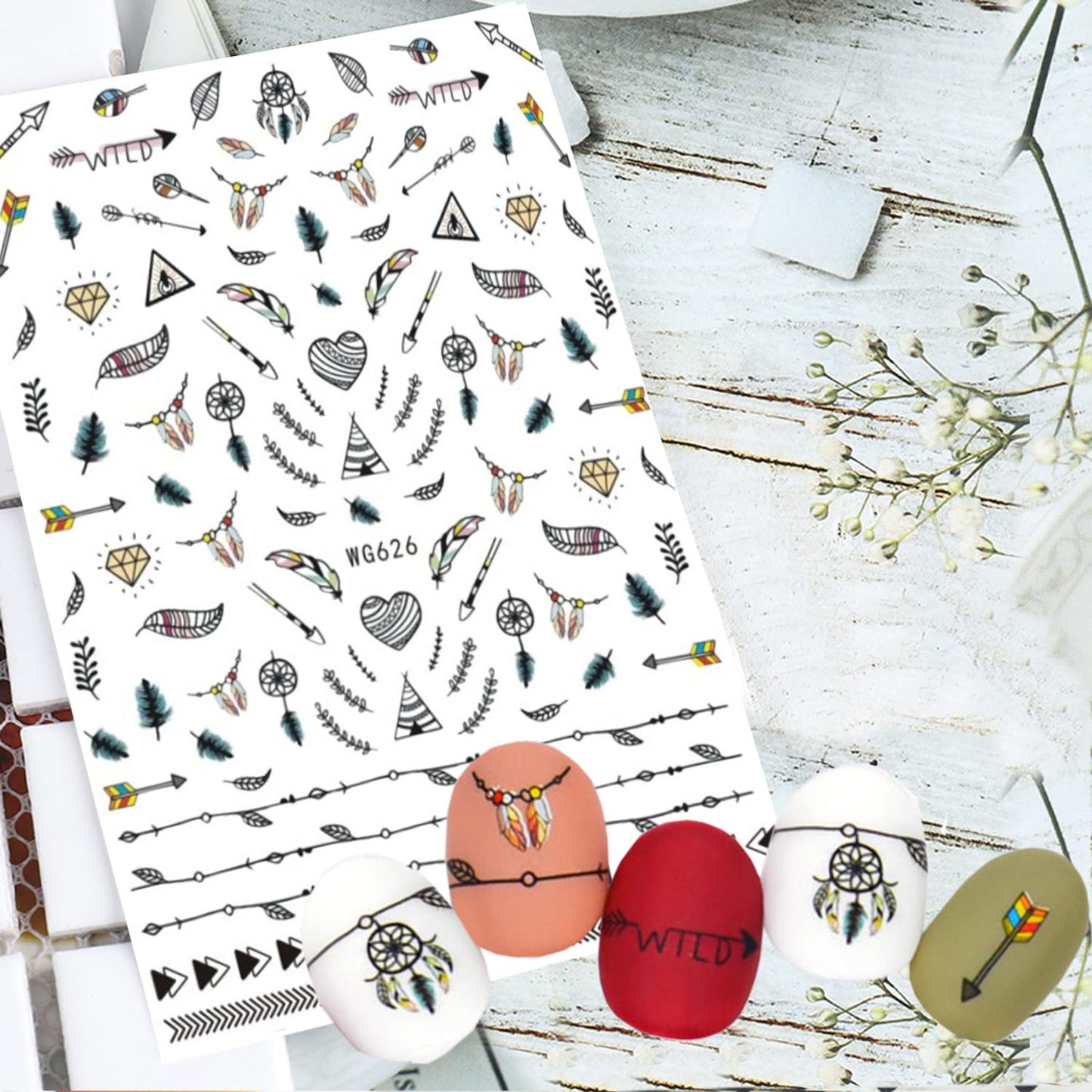 Indian Nail Art Stickers, Feather Alien Moon Star Eyes Tribal Totem Skull Nail Sticker, 3D Self-Adhesive Nail Art Decals Design, Nail Decal Supplies for Women Manicure DIY Nail Decoration (6 Sheets)
