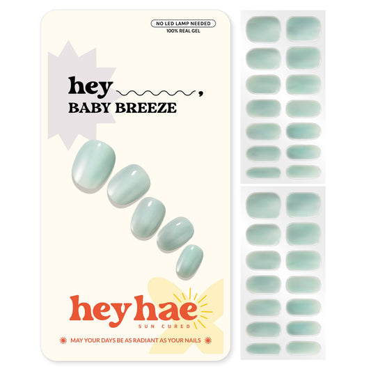 Heyhae Semi Cured Gel Nail Strips | No LED Lamp Needed | Blue, Valentines | Easy Apply & Remove, Salon Quality | Includes 28 Strips, 1 Prep Pads, Nail File & Wooden Stick - Hey, Baby Breeze