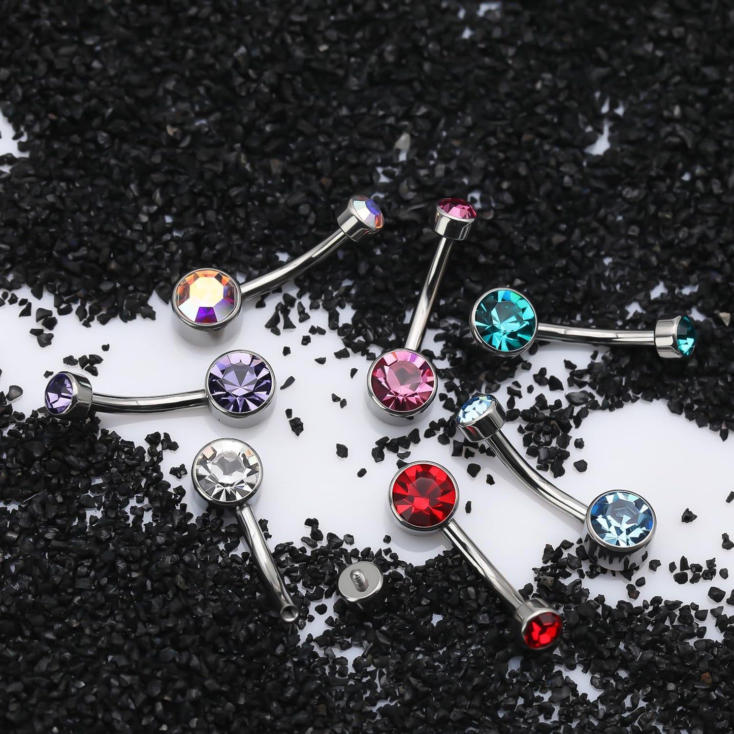 XUU Titanium Belly Button Rings, Black & Silver – 14G Internally Threaded Navel Piercing Jewelry, 10mm & 12mm Curved Barbells with 7 Colors Gems – Hypoallergenic (Silver-AB, 10MM)