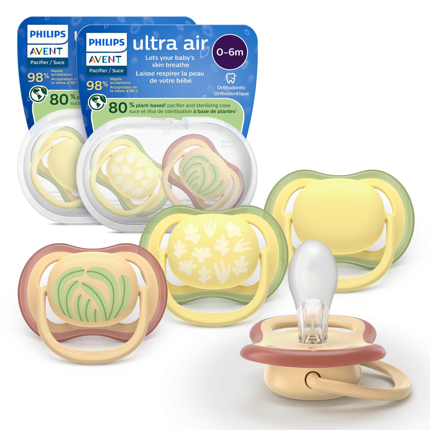 Philips Avent Ultra Air Pacifiers - Orthodontic Design, for Babies 0-6 Months, Soft Silicone Symmetrical Nipple, BPA-Free, 2 Sterilizing Cases, 4 Pack, SCF087/21