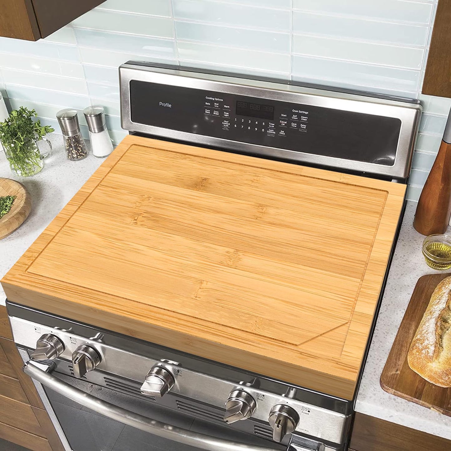 YUHFERA Stove Cover Board for Gas Stovetop - 30" x 22" Noodle Board Electric Stove Cover for RV Stove Top, Extra Countertop Space for Kitchen Stovetop (Bamboo)