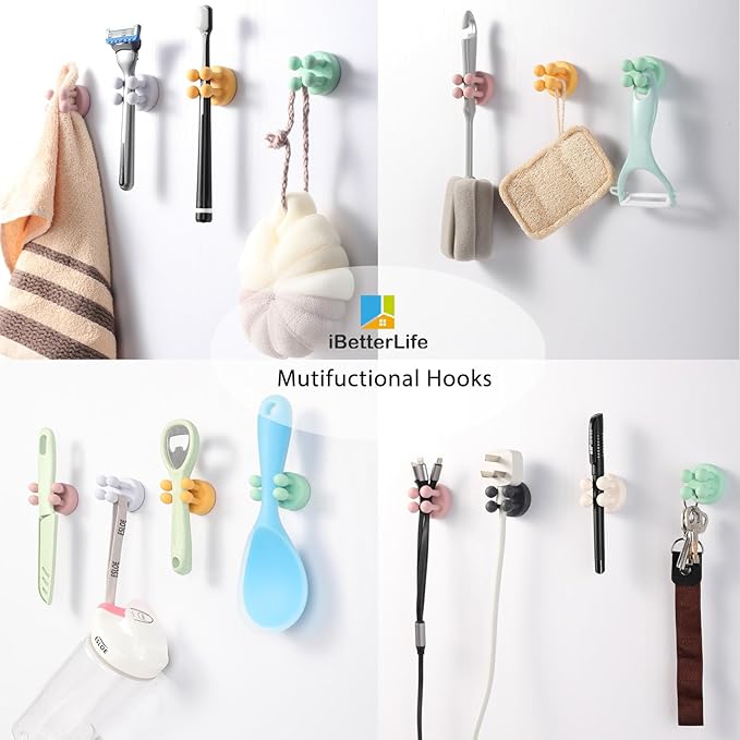 iBetterLife Silicone Toothbrush Holders for Bathrooms - 6Pcs Razor Holder for Shower Wall Mounted Self Adhesive Multifunctional Cute Hook for Kids Hanging Tooth Brush for Kitchen Living Room Office