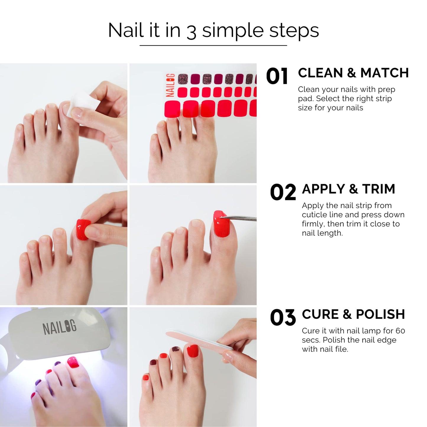 NAILOG Semi Cured Gel Nail Strips, Toe Nail Polish Strips with Glossy Gel Finishing | Buy 3 Get 1 UV Lamp| 32 Pieces Long Lasting Pedi Stickers | Rainbow