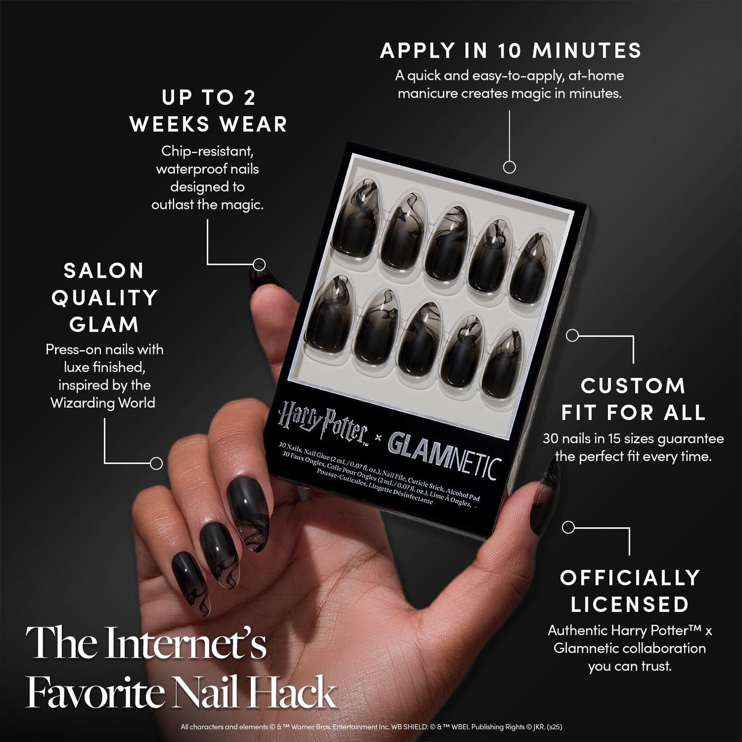 Harry Potter™ x Glamnetic Press-On Nails Bundle - Unicorn Blood, Dementor™, Lumos, Salazar Slytherin™ & Godric Gryffindor™ | Short Almond Fake Nails with Silver Chrome & 3D Swirl Design | Medium Almon