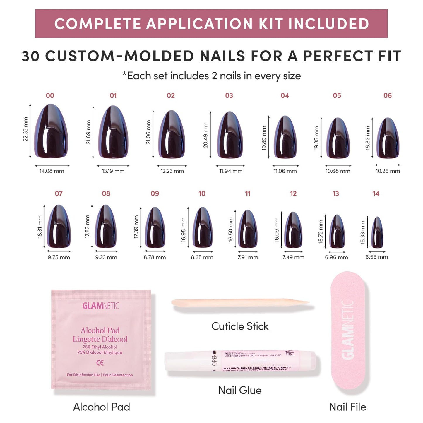 Glamnetic Press-On Nails Bundle - Burgundy Chrome, Cherry Mocha & Red Bottom | Short Almond Fake Nails with a Metallic Chrome Finish | Dark Red Medium Square Fake Nails with a Glossy Finish | Red Acce