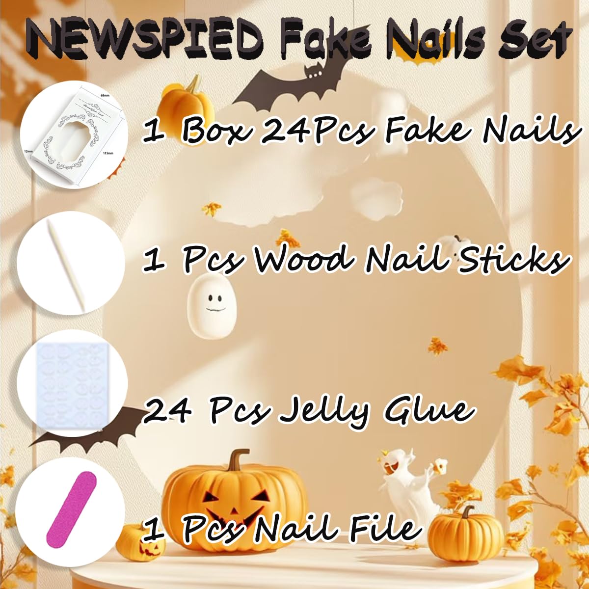 24 Pcs Halloween Press on Nails Short Square Cute Ghost Fake Nails with Skull Flower Designs Orange French Tip Glue on Nails Matte Full Cover Acrylic Nail for Women DIY Halloween Manicure