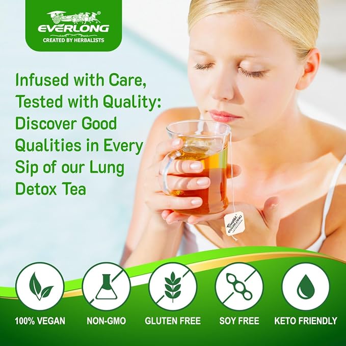 EVERLONG Lung Detox Tea – Mullein Tea with Thyme, Ginseng, Lungwort, Eucalyptus, Liquorice, Spearmint and Sage for Lung Cleanse and Respiratory Health – 14 Herbal Tea Bags, All Natural, Caffeine-Free