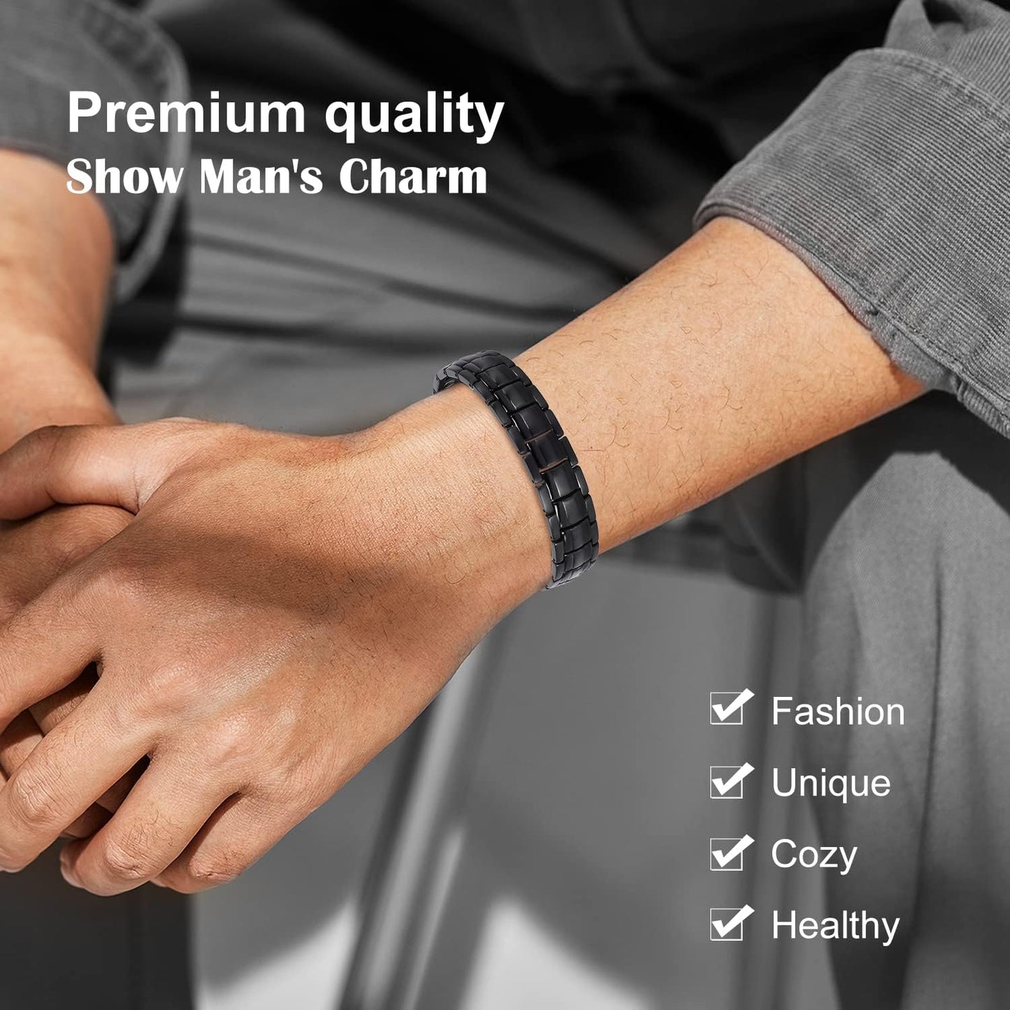 JEROOT Magnetic Bracelets for Men, Pure Titanium Bracelet (3500Gauss Per Magnet), Men's Bracelet Lymphatic Jewelry Gifts （Black）