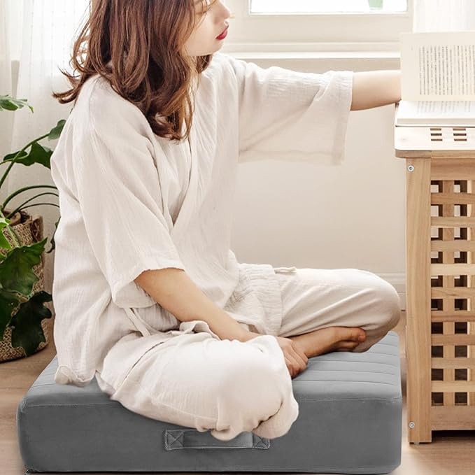 MeMoreCool Square Floor Pillow for Adults and Kids, Large Meditation Cushion with Thick Foam and Washable Tufted Cover, 24-Inch Grey Seat for Sitting and Yoga