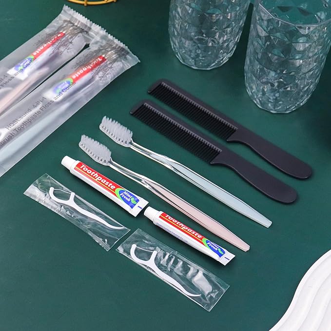 100pcs Disposable Toothbrushes with Toothpaste Floss Comb Individually Wrapped, 4-in-1 Bulk Toothbrush Kit with 2 Color Toothbrush,10g Toothpaste,7 inch Comb, Floss Pick