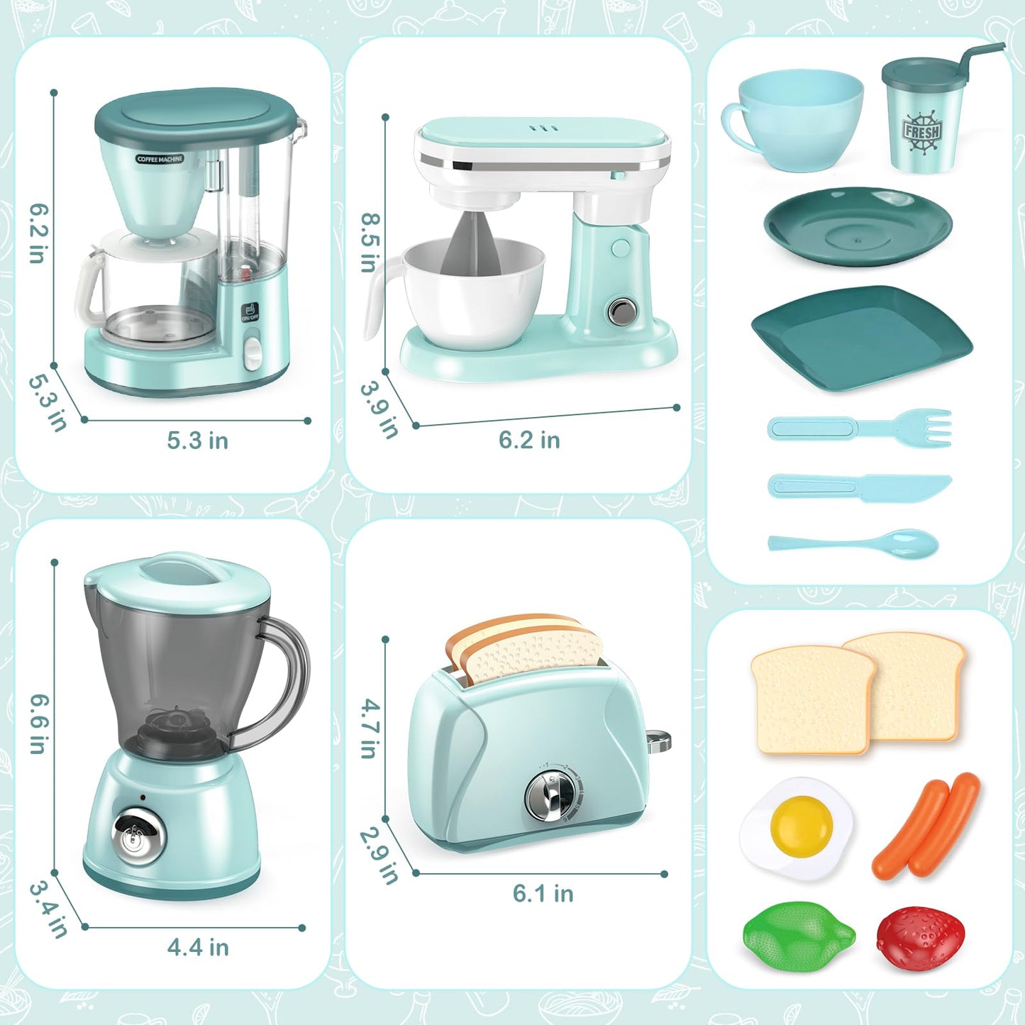 Shemira Play Kitchen Accessories, Play Kitchen Appliances Toy Set with Coffee Maker, Blender, Mixer, Toaster, Kids Kitchen Playset, Toys for 3 4 5 6 7 8 Year Old Girls, Birthday Gifts for Girls