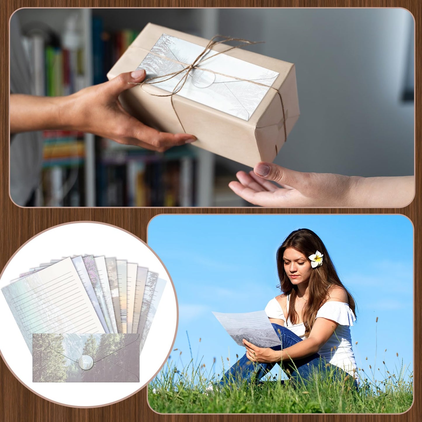 TaoBary 160 Pcs Stationery Paper Set 50 Double Sided Stationery Papers with 50 Matching Envelopes and 60 Round Dot Sticker, 10 Design(Natural Scenery,8.5 x 11 Inch)