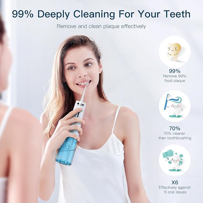 Travel-Ready 300ML Cordless Water Flosser for Teeth – IPX7 Waterproof, 4 Pressure Modes & 2000mAh Battery for Deep Cleaning at Home or On-The-Go (Blue & White)