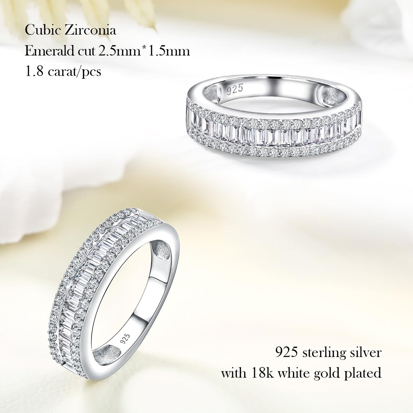 RANDES Cubic Zirconia Wedding Bands for Women Men 925 Sterling Silver Emerald Cut Eternity Band Created Diamond Rings Size 6