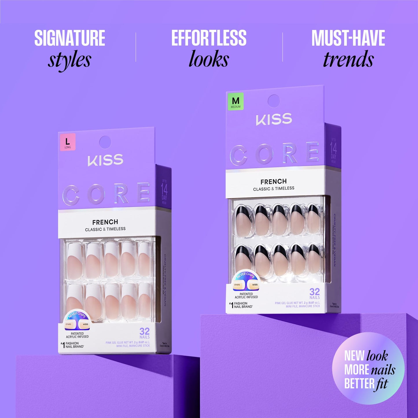 Kiss Core, Press On Nails, Nail glue included, 'Full of Fun', Black, Medium Size, Almond Shape, Includes 32 Nails, 2g Glue, 1 Manicure Stick, 1 Mini File