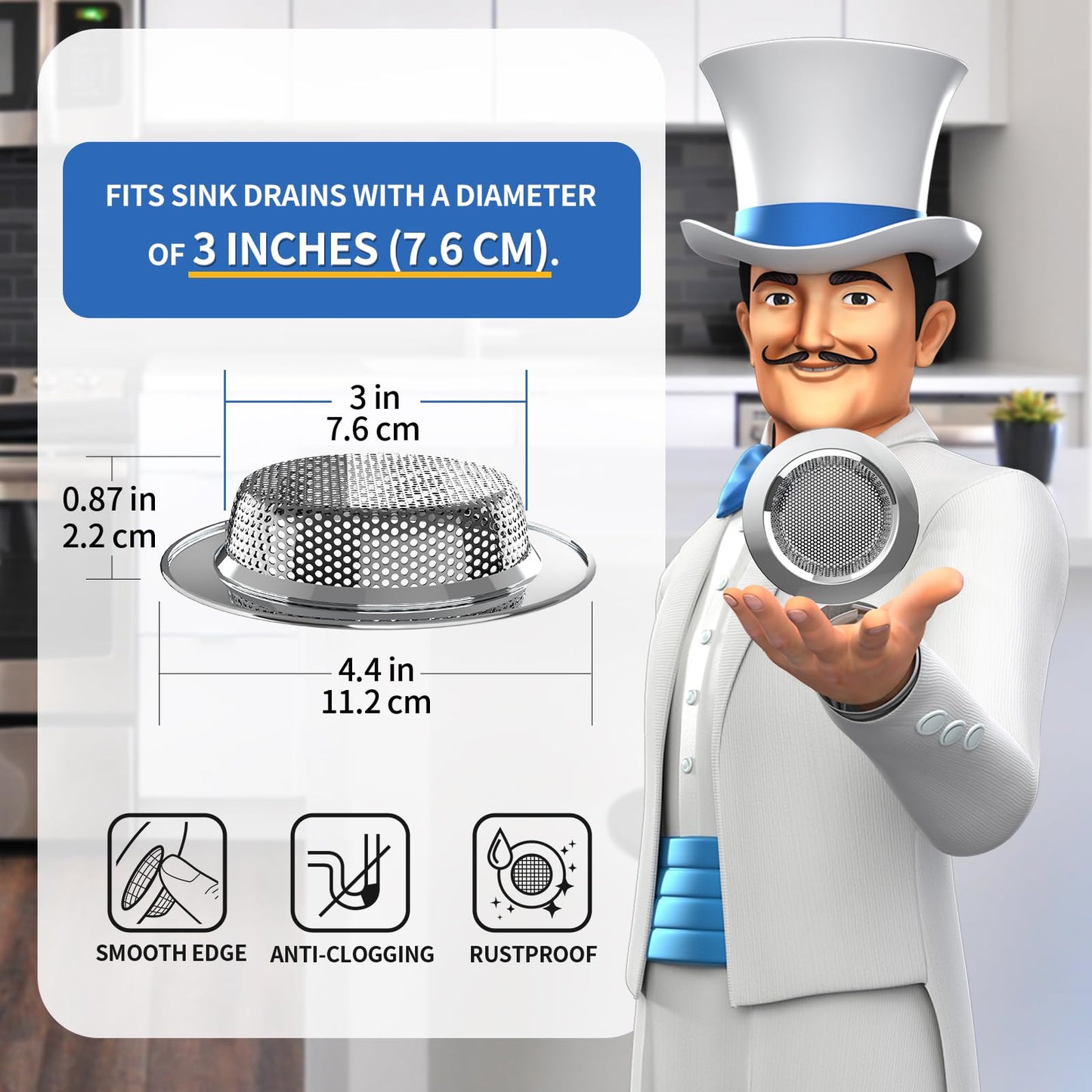 MR.SIGA Kitchen Sink Strainer, Stainless Steel Sink Drain Strainer, Dishwasher Safe, Outer Diameter 4.4 inch/11.2cm, Inner Diameter 3 inch/7.6cm, Pack of 3
