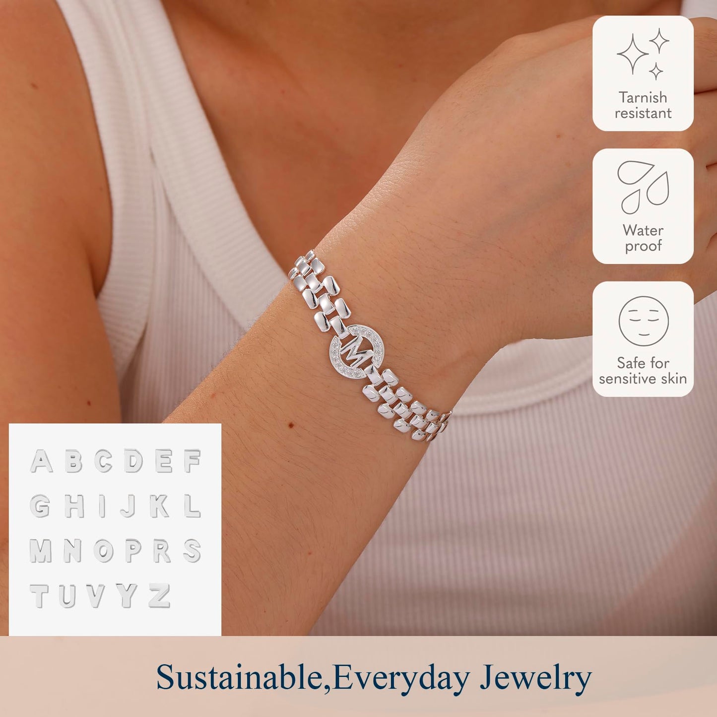 WEDDINEN Initial Bracelet,Silver Letter Bracelets for Women, Thick Bangle Wrist Gold Alphabet Bracelets for Women, Christmas Gifts for Women Jewelry Initial M Charm Chain