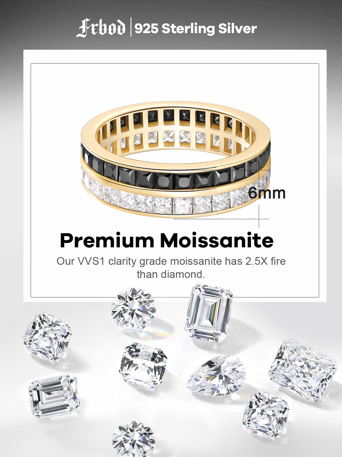 Frbod Black Moissanite Wedding Ring Shinning Bezel Diamond Jewelry for Women 14K Gold Plated Square Moissanite Bands Size 7