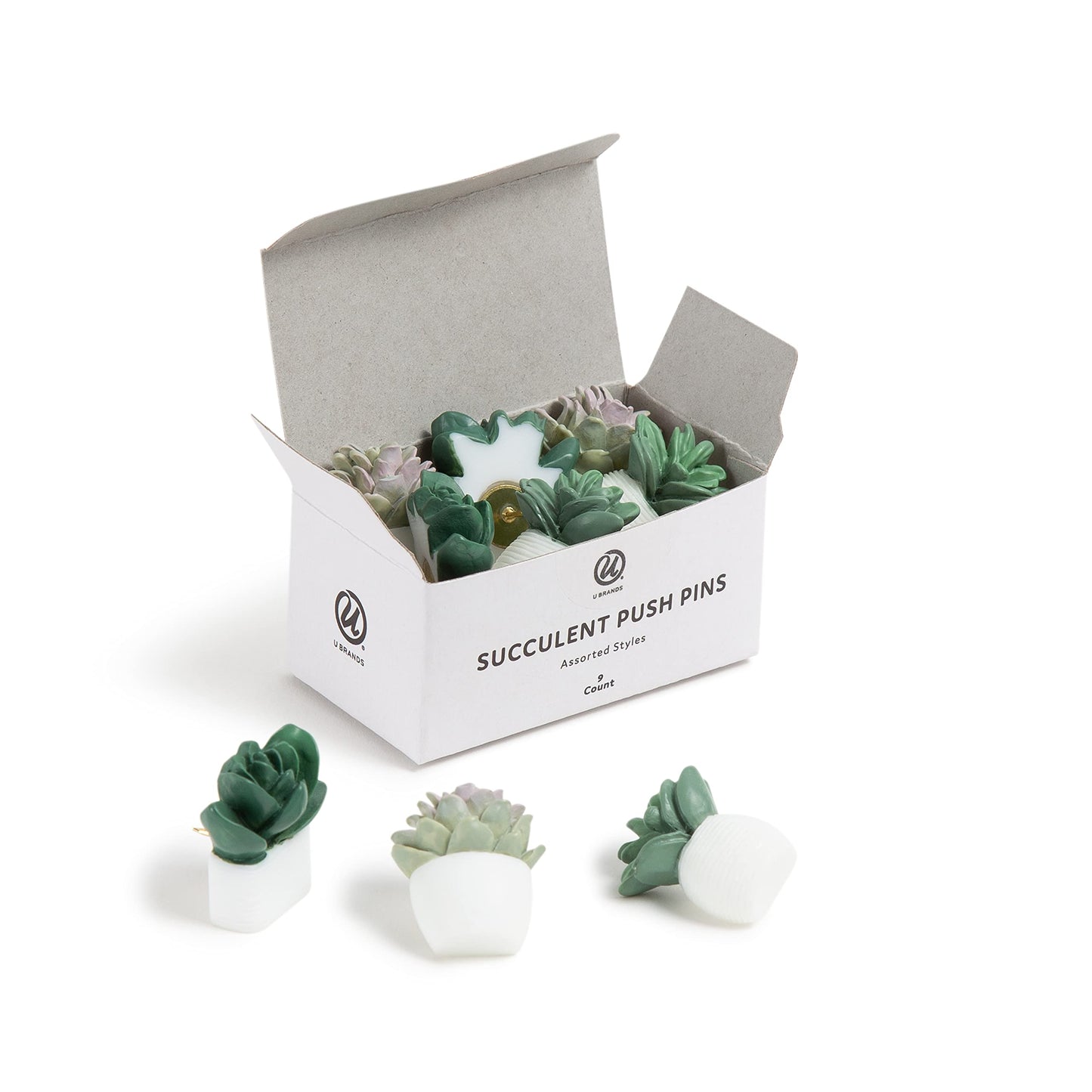 U Brands Succulent Push Pins Set, Office Supplies, Three Assorted Styles, 9 Count