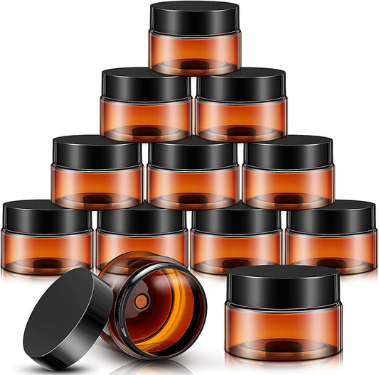 SATINIOR 24 Pieces Empty Clear Plastic Jars with Lids Round Storage Containers Wide Mouth for Beauty Product Cosmetic Cream Lotion Liquid Butter Craft and Food(Amber Lid,2 oz)