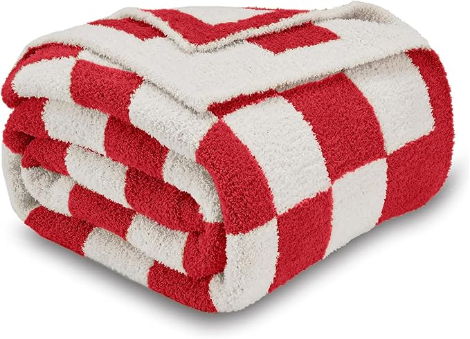 CozeCube Checkered Blanket, Ultra Soft Cozy Christmas Red and White Throw Blanket, Warm Cozy Knit Fuzzy Plush Checkerboard Throw for Couch Bed Sofa, 50"x60"