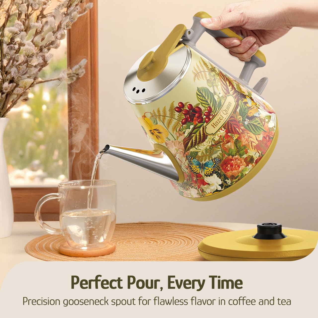 Hazel Quinn Retro X Eduardo Recife Collaboration Electric Kettle- 1 Litres / 34 Ounces Retro Small Tea Kettle, Double Wall, 304 Stainless Steel, 800W Fast Boiling, Cordless, BPA-Free, Auto Shut-Off