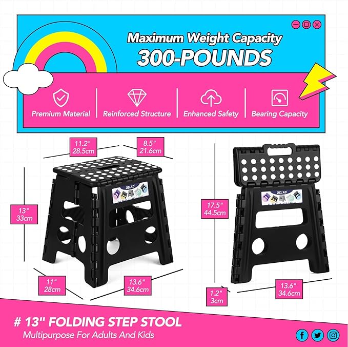 Delxo Folding Step Stool, 13 inch 100 Pack Non-Slip Foldable Stools Up to 300 LBS, Step Stool with Handle, Lightweight for Kitchen, Bathroom, Bedroom, Garden, Black