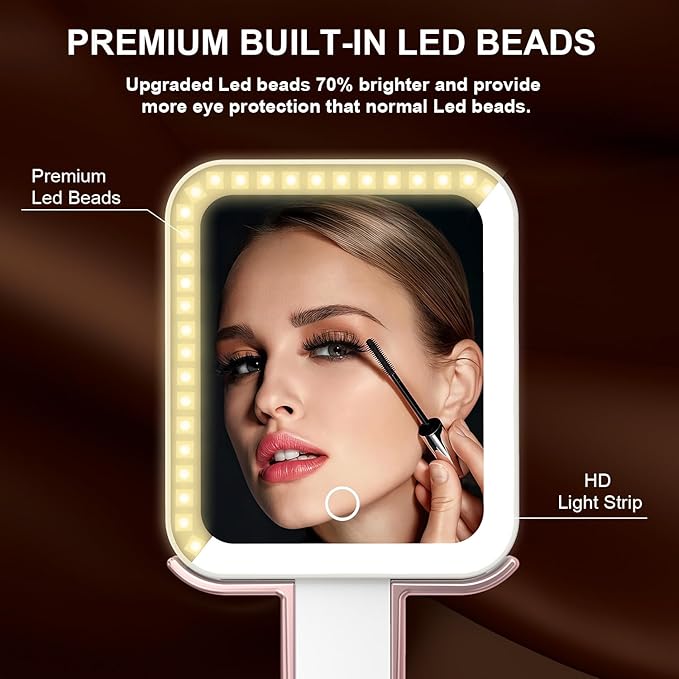 Mocado Travel Makeup Mirror with Lights,10X/1X Magnifying Mirror with Light, Double Sided Travel Mirror with 3 Color Light,Dimmable Touch,Lighted Makeup Mirror for Tabletop,Handheld,Hanging(Rose Pink)