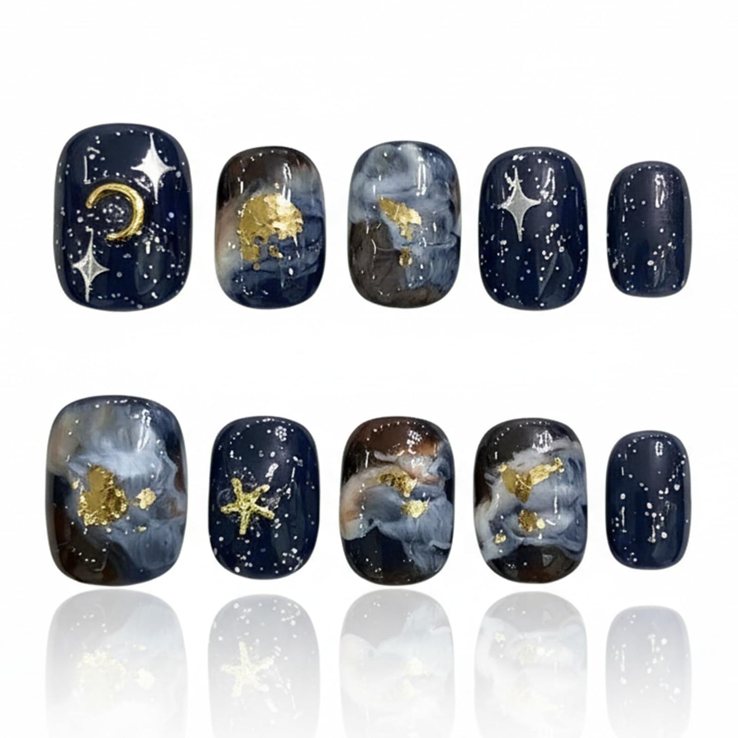 Handmade Press On Nails Reusable Stick On Fake Nails Blue oil Painting Style Stars and Moon Luxury Elegant Sexy Style For Women Gift With Nail Glue M