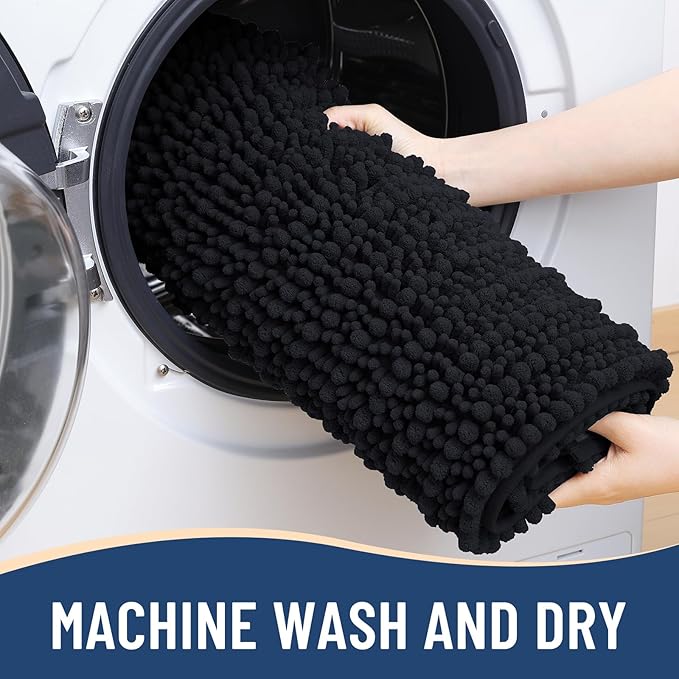 Arotive Luxury Chenille Bathroom Rug Mat, Extra Soft Thick Absorbent Shaggy Bath Rugs, Non-Slip Machine Wash Dry, Plush Bath Mats for Bathroom, Shower and Tub, 47x17, Black