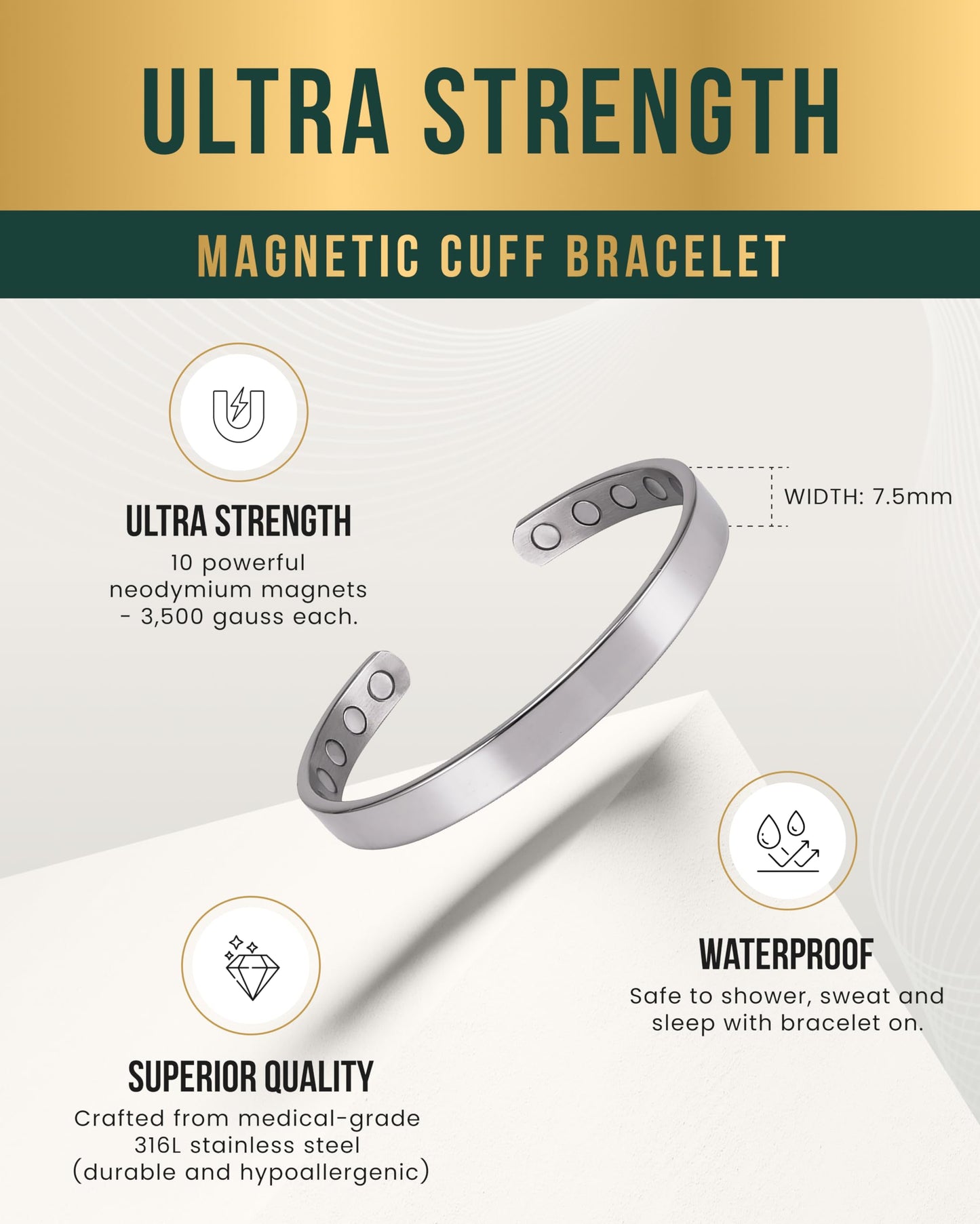 MagnetRX® Magnetic Bracelets for Men & Women - Elegant Bangle Men’s Cuff - Golf/Tennis Elbow & Balance, Stainless Steel Magnetic Bracelets for Women (Polished Silver | Medium)