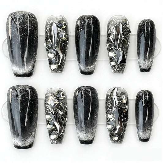 Handmade Press on Nails Square Black and White Cat’s Eye Decoration with a Starry Sky Pattern and Gemstones Acrylic Nails Press on Handmade Nails Luxury Press on Nails(M)
