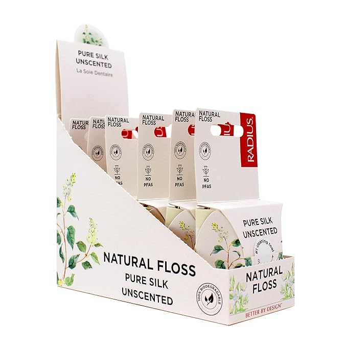 RADIUS Dental Floss, Natural Floss, Unscented Silk, 33 Yards, Compostable & Non-Toxic Oral Care Designed to Help Fight Plaque, Pack of 6