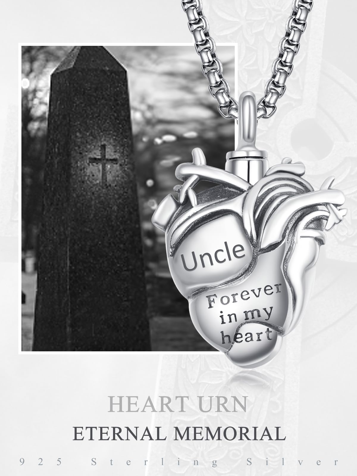 Personalized Anatomical Heart Urn Necklaces for Ashes Sterling Silver Ash Pendants Cremation Jewelry Uncle Keepsake Pendant Memorial Jewelry Gifts for Loss of Uncle