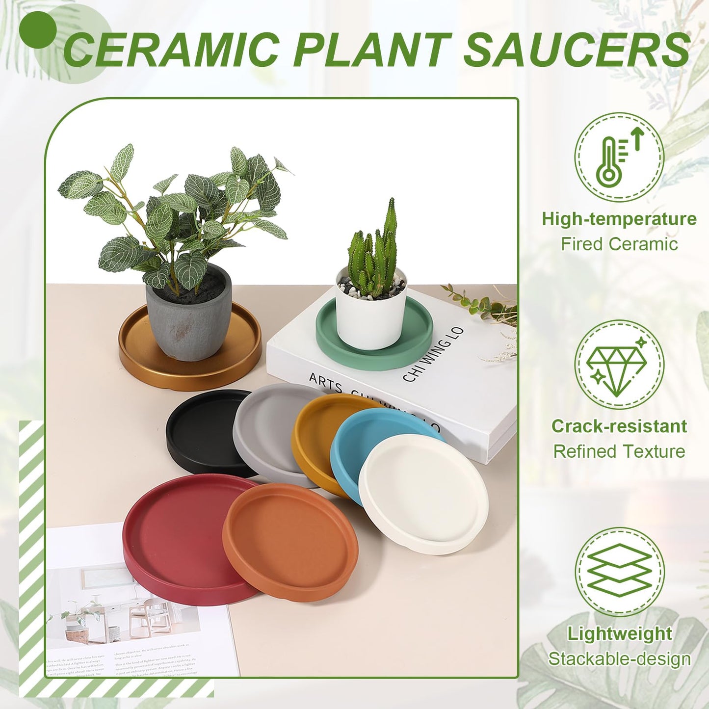 YELARXI 6.7 Inch Ceramic Plant Saucers, Round Flower Planter Water Trays Ceramic Plant Saucer Pot Tray -Fitting for (Outdoor/Indoors/Garden/Planting/Water/Flower/Coffee) Forest Green