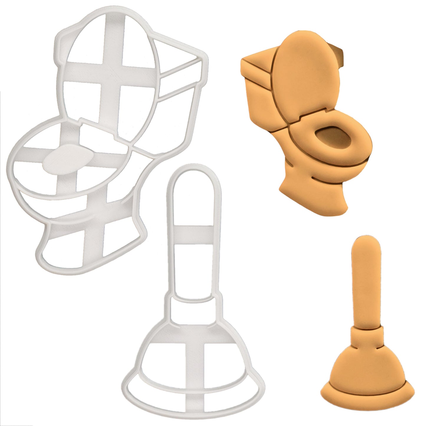 BAKERLOGY Set of 2 Toilet Bowl and Plunger Cookie Cutters - Detailed Biscuit Cutter Design for Baking and Crafts, ideal on fondant, dough, clay
